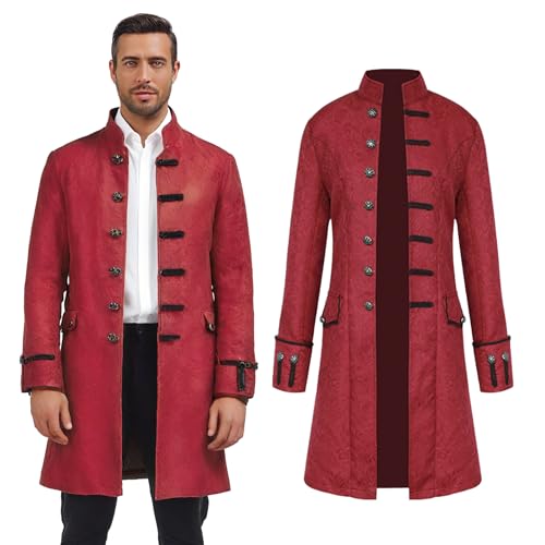 AFJIODUV ﻿Steampunk Mantel Herren, Mittelalter Vintage Viktorianisches Kostüm Herren, Gothic Mantel Halloween Karneval Cosplay Kostü (Rot, M) von AFJIODUV