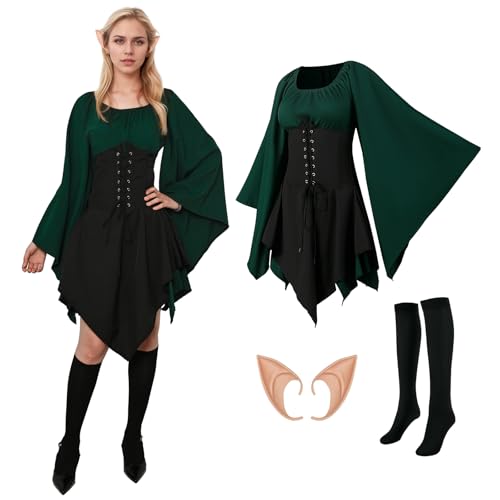 Elfen Kostüm Damen, Traditionelles Irisches Kleid Trompetenärmel Medieval Dress mit Overknee Socken Und Elfenohren, Renaissance Gothic Kostüm Damen für Halloween Karneval Cosplay Party (Schwarz, M) von AFJIODUV