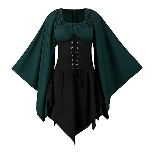 Elfen Kostüm Damen, Traditionelles Irisches Kleid Trompetenärmel Medieval Dress mit Overknee Socken Und Elfenohren, Renaissance Gothic Kostüm Damen für Halloween Karneval Cosplay Party (Schwarz, 3XL) von AFJIODUV