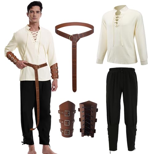 Mittelalter Kleidung Herren Set, 4PCS Renaissance Wikinger Kostüm Herren, mit Mittelalter Hemd, Hose, Gürtel, Handgelenkschützer, für Karneval Halloween Pirat Hippie Cosplay Party (Schwarz, L) von AFJIODUV
