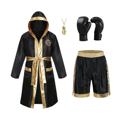 AGCOAH Boxerkostüm für Erwachsene, Boxmantel, Wrestler, Ausrüstung, Kampfclub, Handschuhe, Stern-Halskette, 3 Stück, Halloween, Cosplay, Schwarz und gold, Medium von AGCOAH