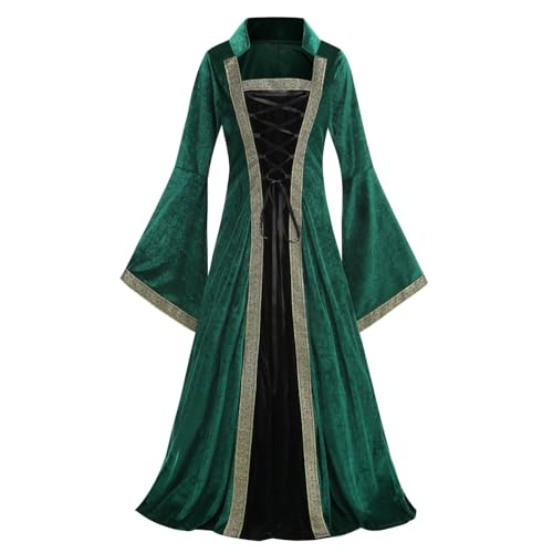 AGCOAH Damen Renaissance Mittelalter Kostüm Klassischer Stehkragen Prinzessin Langes Kleid Hexe Outfit Halloween Cosplay, Grün , XL von AGCOAH