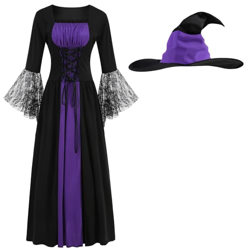AGCOAH Hexenkostüm für Damen, langes böses Hexenkleid, böse Zauberin, Outfit, 2-teilig, mit Hut, Halloween, Cosplay, violett/schwarz, L von AGCOAH