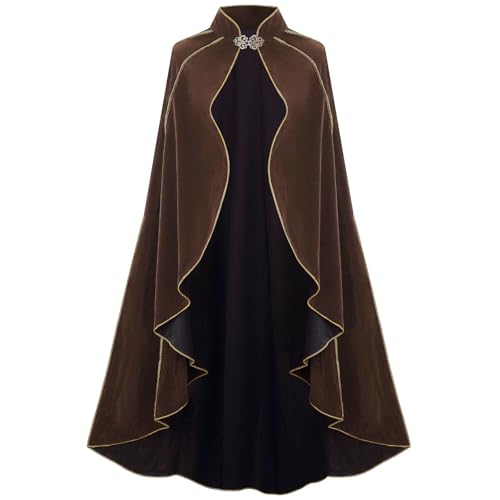 AGCOAH Mittelalterlicher Umhang für Damen, Renaissance, viktorianischer Deluxe, Stehkragen, Samt, goldfarbener Rand, Umhang für Erwachsene, Halloween, Cosplay, Braun, 43.3inch von AGCOAH