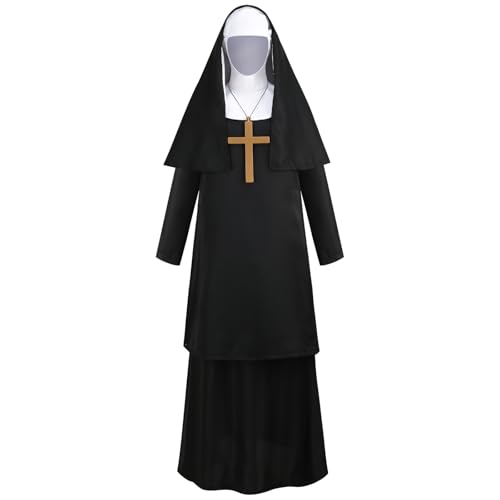 AGCOAH Nonnen-Kostüm für Damen, Erwachsenenkostüm mit Nonnenhut, Deluxe, 3-teilig, traditionelles Halloween-Kostüm, Reißverschluss, Schwarz, Größe M von AGCOAH
