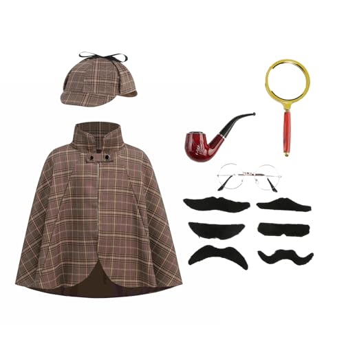 AGCOAH Sherlock Holmes Detektivkostüm für Kinder, 6-teiliges Set mit Hut und Schnurrbart, Halloween Kostüm, Cosplay, 50 cm (3-12 Jahre) von AGCOAH