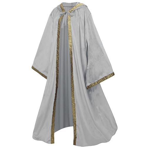 AGCOAH Unisex Zauberer Umhang Robe mit Kapuze Ärmeln Holländischer Samt Cosplay Kostüm, Hellgrau, 150 cm AGCOAH Unisex Zauberer Umhang Robe mit Kapuze Ärmeln Holländischer Samt Cosplay Kostüm, Hellgrau, 150 cm von AGCOAH