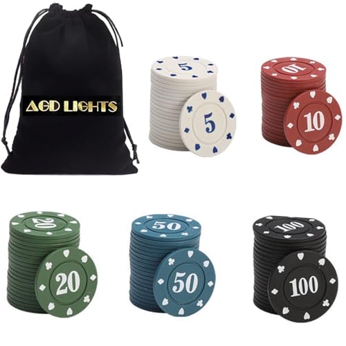 AGD LIGHTS 100 Stück Pokerchips mit Tasche (50, 10, 20, 50, 100) von AGD LIGHTS
