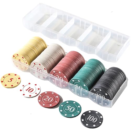 AGD LIGHTS 100PCS Pokerchips, Pokerkoffer und Transparenter Kasten Kunststoff Poker Set 5 farbige Zählzähler für Home Game Poker Party Card Club von AGD LIGHTS