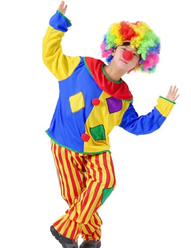 AGQT Kinder Clownkostüm Set Zirku Kostüm Clownish Outfit mit Rot Nase und Bunte Perücke Karneval Fasching Kostüm Kinder Jungen Cosplay Größe 3pcs 5–6 Jahre von AGQT