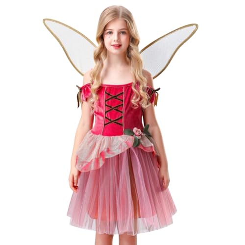 AGYMNX Fee Rosa Kostüm für Mädchen Halloween Kostüm Mädchen Kleid + Flügel 2 Stück Set für Kinder 5-10 Jahre Rollenspiel Karneval Halloween Party Rot 140 AGYMNX Fee Rosa Kostüm für Mädchen Halloween Kostüm Mädchen Kleid + Flügel 2 Stück Set für Kinder 5-10 Jahre Rollenspiel Karneval Halloween Party Rot 140 von AGYMNX