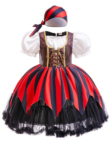 AGYMNX Mädchen Piratenkostüm mit Kopfband Kurze Blase Ärmel A-Linie Flauschige Piratenkleid für 3-9Y Mädchen Dress Up Party Kostüm Kleid Schwarz Rot 3-4 Jahre von AGYMNX