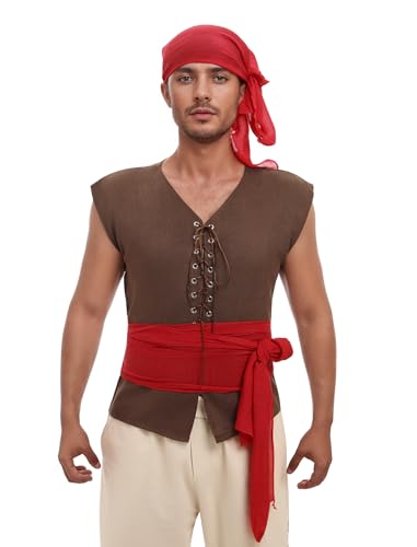 AGYMNX Piratenkostüm Herren Mittelalter Kleidung Herren Weste + Turban + Gürtel 3 Stück Renaissance Kostüm Halloween Rollenspiel Kostümparty Karneval Cosplay Dunkler Kaffee XXL AGYMNX Piratenkostüm Herren Mittelalter Kleidung Herren Weste + Turban + Gürtel 3 Stück Renaissance Kostüm Halloween Rollenspiel Kostümparty Karneval Cosplay Dunkler Kaffee XXL von AGYMNX