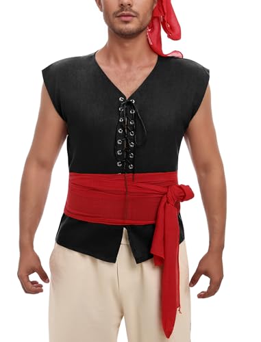 AGYMNX Piratenkostüm Herren Mittelalter Kleidung Herren Weste + Turban + Gürtel 3 Stück Renaissance Kostüm Halloween Rollenspiel Kostümparty Karneval Cosplay Schwarz XXL AGYMNX Piratenkostüm Herren Mittelalter Kleidung Herren Weste + Turban + Gürtel 3 Stück Renaissance Kostüm Halloween Rollenspiel Kostümparty Karneval Cosplay Schwarz XXL von AGYMNX