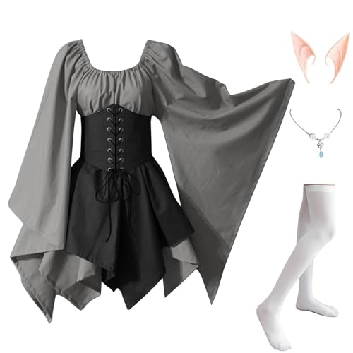 AHAKLO Halloween Kostüm Damen Fledermausärmel Gothic Kleid Vintage Mittelalter Kleidung Rave Outfit (Halskette, Elfenohren, Socken), Renaissance Dress Karneval Partykleid Viktorianisches Kleid von AHAKLO