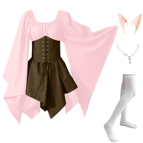 AHAKLO Halloween Kostüm Damen Fledermausärmel Gothic Kleid Vintage Mittelalter Kleidung Rave Outfit (Halskette, Elfenohren, Socken), Renaissance Dress Karneval Partykleid Viktorianisches Kleid von AHAKLO