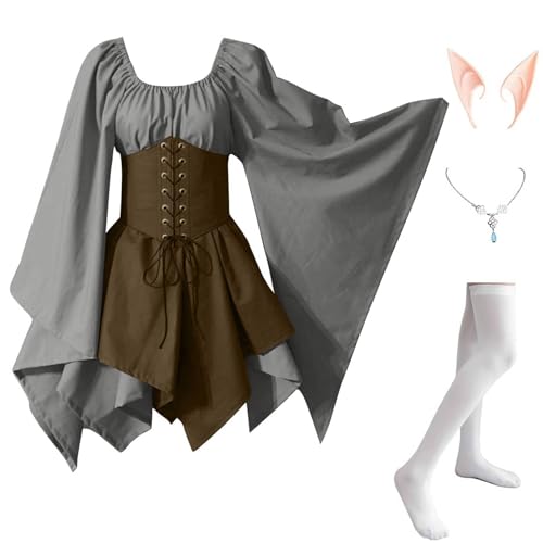 AHAKLO Halloween Kostüm Damen Fledermausärmel Gothic Kleid Vintage Mittelalter Kleidung Rave Outfit (Halskette, Elfenohren, Socken), Renaissance Dress Karneval Partykleid Viktorianisches Kleid von AHAKLO