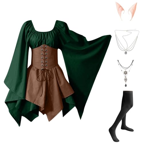 AHAKLO Halloween Kostüm Damen Fledermausärmel Gothic Kleid Vintage Mittelalter Kleidung Rave Outfit (Halskette, Elfenohren, Socken), Renaissance Dress Karneval Partykleid Viktorianisches Kleid von AHAKLO
