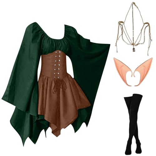 AHAKLO Halloween Kostüm Damen Fledermausärmel Gothic Kleid Vintage Mittelalter Kleidung Rave Outfit (Halskette, Elfenohren, Socken), Renaissance Dress Karneval Partykleid Viktorianisches Kleid von AHAKLO