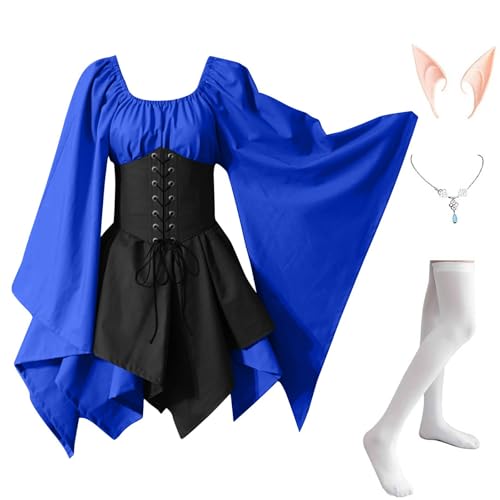 AHAKLO Halloween Kostüm Damen Fledermausärmel Gothic Kleid Vintage Mittelalter Kleidung Rave Outfit (Halskette, Elfenohren, Socken), Renaissance Dress Karneval Partykleid Viktorianisches Kleid von AHAKLO