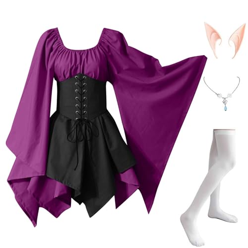 AHAKLO Halloween Kostüm Damen Fledermausärmel Gothic Kleid Vintage Mittelalter Kleidung Rave Outfit (Halskette, Elfenohren, Socken), Renaissance Dress Karneval Partykleid Viktorianisches Kleid von AHAKLO