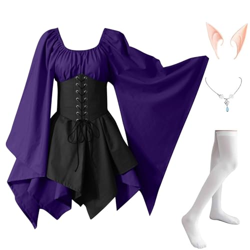 AHAKLO Halloween Kostüm Damen Fledermausärmel Gothic Kleid Vintage Mittelalter Kleidung Rave Outfit (Halskette, Elfenohren, Socken), Renaissance Dress Karneval Partykleid Viktorianisches Kleid von AHAKLO