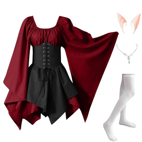 AHAKLO Halloween Kostüm Damen Fledermausärmel Gothic Kleid Vintage Mittelalter Kleidung Rave Outfit (Halskette, Elfenohren, Socken), Renaissance Dress Karneval Partykleid Viktorianisches Kleid von AHAKLO