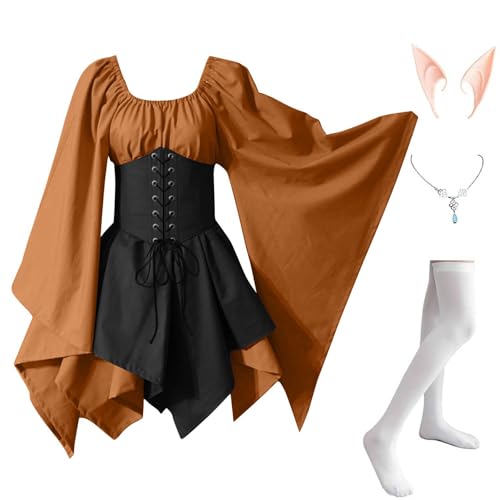AHAKLO Halloween Kostüm Damen Fledermausärmel Gothic Kleid Vintage Mittelalter Kleidung Rave Outfit (Halskette, Elfenohren, Socken), Renaissance Dress Karneval Partykleid Viktorianisches Kleid von AHAKLO