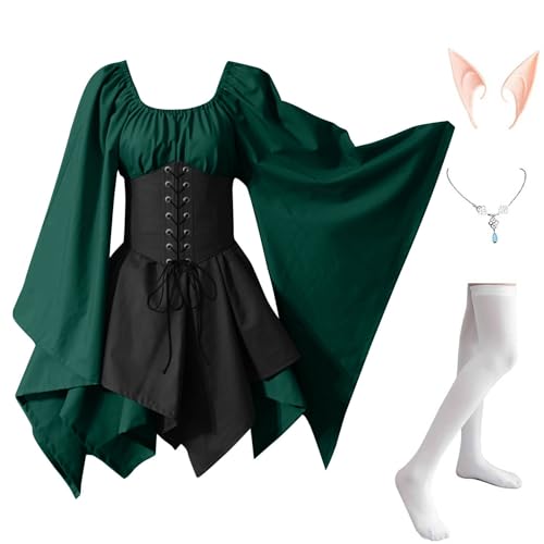 AHAKLO Halloween Kostüm Damen Fledermausärmel Gothic Kleid Vintage Mittelalter Kleidung Rave Outfit (Halskette, Elfenohren, Socken), Renaissance Dress Karneval Partykleid Viktorianisches Kleid von AHAKLO