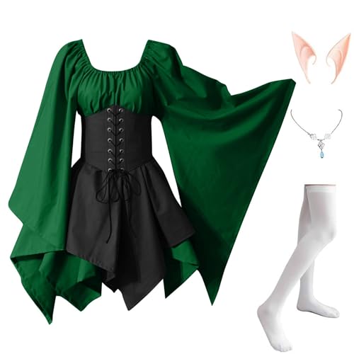 AHAKLO Halloween Kostüm Damen Fledermausärmel Gothic Kleid Vintage Mittelalter Kleidung Rave Outfit (Halskette, Elfenohren, Socken), Renaissance Dress Karneval Partykleid Viktorianisches Kleid von AHAKLO
