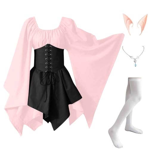AHAKLO Halloween Kostüm Damen Fledermausärmel Gothic Kleid Vintage Mittelalter Kleidung Rave Outfit (Halskette, Elfenohren, Socken), Renaissance Dress Karneval Partykleid Viktorianisches Kleid von AHAKLO