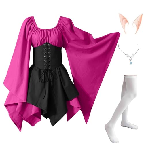 AHAKLO Halloween Kostüm Damen Fledermausärmel Gothic Kleid Vintage Mittelalter Kleidung Rave Outfit (Halskette, Elfenohren, Socken), Renaissance Dress Karneval Partykleid Viktorianisches Kleid von AHAKLO