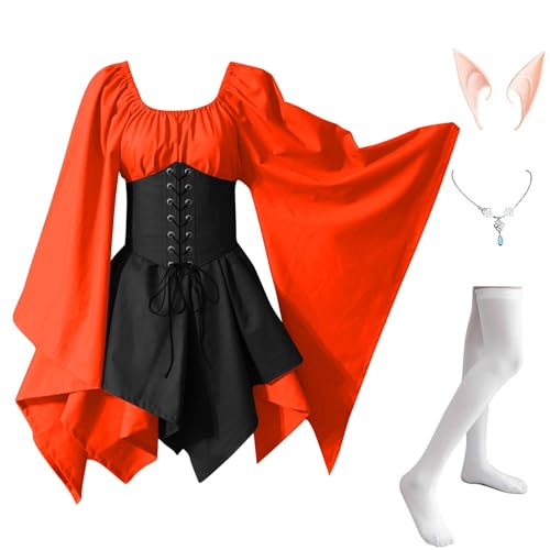 AHAKLO Halloween Kostüm Damen Fledermausärmel Gothic Kleid Vintage Mittelalter Kleidung Rave Outfit (Halskette, Elfenohren, Socken), Renaissance Dress Karneval Partykleid Viktorianisches Kleid von AHAKLO