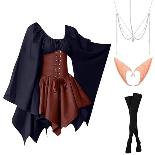 AHAKLO Halloween Kostüm Damen Fledermausärmel Gothic Kleid Vintage Mittelalter Kleidung Renaissance Dress Karneval Partykleid Viktorianisches Kleid Rave Outfit (Kopfschmuck, Elfenohren, Socken) von AHAKLO
