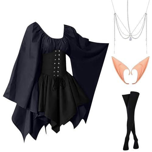 AHAKLO Halloween Kostüm Damen Fledermausärmel Gothic Kleid Vintage Mittelalter Kleidung Renaissance Dress Karneval Partykleid Viktorianisches Kleid Rave Outfit (Kopfschmuck, Elfenohren, Socken) von AHAKLO