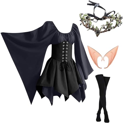 AHAKLO Halloween Kostüm Damen Fledermausärmel Gothic Kleid Vintage Mittelalter Kleidung Renaissance Dress Karneval Partykleid Viktorianisches Kleid Rave Outfit (Kopfschmuck, Elfenohren, Socken) von AHAKLO
