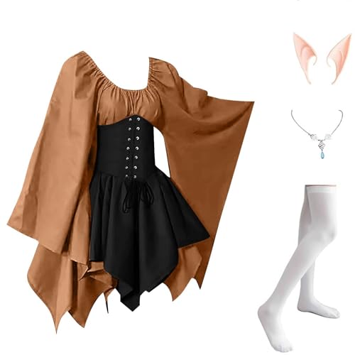 AHAKLO Halloween Kostüm Damen Fledermausärmel Gothic Kleid Vintage Mittelalter Kleidung Renaissance Dress Karneval Partykleid Viktorianisches Kleid Rave Outfit (Kopfschmuck, Elfenohren, Socken) von AHAKLO