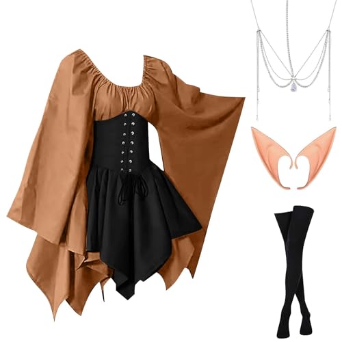 AHAKLO Halloween Kostüm Damen Fledermausärmel Gothic Kleid Vintage Mittelalter Kleidung Renaissance Dress Karneval Partykleid Viktorianisches Kleid Rave Outfit (Kopfschmuck, Elfenohren, Socken) von AHAKLO