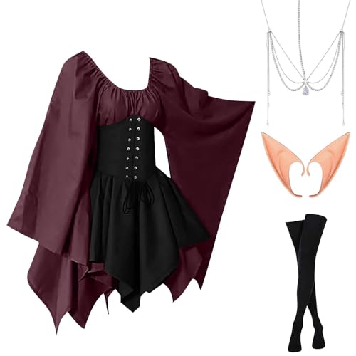 AHAKLO Halloween Kostüm Damen Fledermausärmel Gothic Kleid Vintage Mittelalter Kleidung Renaissance Dress Karneval Partykleid Viktorianisches Kleid Rave Outfit (Kopfschmuck, Elfenohren, Socken) von AHAKLO