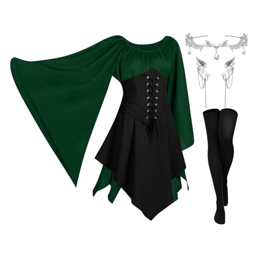 AHAKLO Halloween Kostüm Damen Fledermausärmel Gothic Kleid Vintage Mittelalter Kleidung Renaissance Dress Karneval Partykleid Viktorianisches Kleid Rave Outfit (Kopfschmuck, Elfenohren, Socken) von AHAKLO