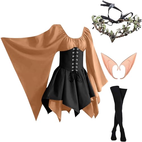 AHAKLO Halloween Kostüm Damen Fledermausärmel Gothic Kleid Vintage Mittelalter Kleidung Renaissance Dress Karneval Partykleid Viktorianisches Kleid Rave Outfit (Kopfschmuck, Elfenohren, Socken) von AHAKLO