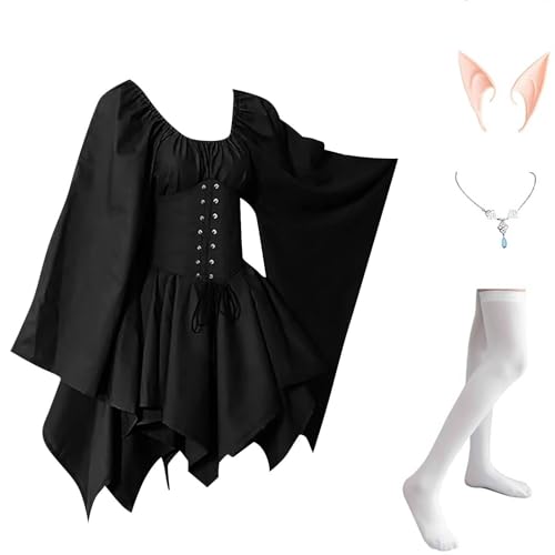 AHAKLO Halloween Kostüm Damen Fledermausärmel Gothic Kleid Vintage Mittelalter Kleidung Renaissance Dress Karneval Partykleid Viktorianisches Kleid Rave Outfit (Kopfschmuck, Elfenohren, Socken) von AHAKLO