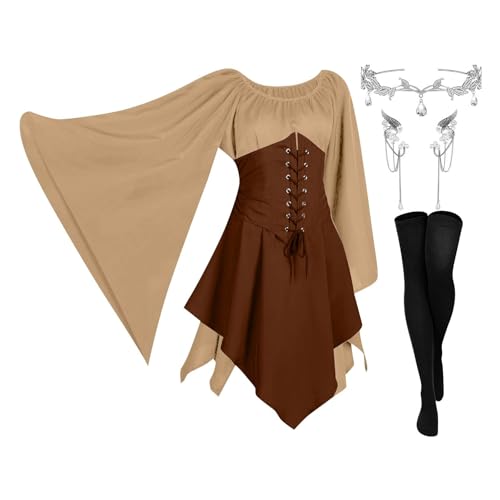 AHAKLO Halloween Kostüm Damen Fledermausärmel Gothic Kleid Vintage Mittelalter Kleidung Renaissance Dress Karneval Partykleid Viktorianisches Kleid Rave Outfit (Kopfschmuck, Elfenohren, Socken) von AHAKLO