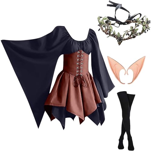AHAKLO Halloween Kostüm Damen Fledermausärmel Gothic Kleid Vintage Mittelalter Kleidung Renaissance Dress Karneval Partykleid Viktorianisches Kleid Rave Outfit (Kopfschmuck, Elfenohren, Socken) von AHAKLO
