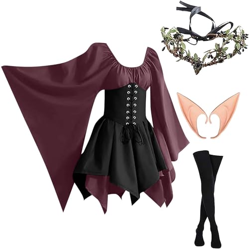 AHAKLO Halloween Kostüm Damen Fledermausärmel Gothic Kleid Vintage Mittelalter Kleidung Renaissance Dress Karneval Partykleid Viktorianisches Kleid Rave Outfit (Kopfschmuck, Elfenohren, Socken) von AHAKLO