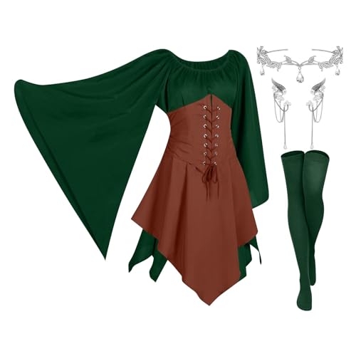 AHAKLO Halloween Kostüm Damen Fledermausärmel Gothic Kleid Vintage Mittelalter Kleidung Renaissance Dress Karneval Partykleid Viktorianisches Kleid Rave Outfit (Kopfschmuck, Elfenohren, Socken) von AHAKLO