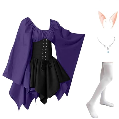 AHAKLO Halloween Kostüm Damen Fledermausärmel Gothic Kleid Vintage Mittelalter Kleidung Renaissance Dress Karneval Partykleid Viktorianisches Kleid Rave Outfit (Kopfschmuck, Elfenohren, Socken) von AHAKLO