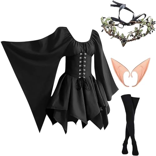 AHAKLO Halloween Kostüm Damen Fledermausärmel Gothic Kleid Vintage Mittelalter Kleidung Renaissance Dress Karneval Partykleid Viktorianisches Kleid Rave Outfit (Kopfschmuck, Elfenohren, Socken) von AHAKLO