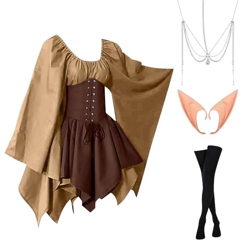 AHAKLO Halloween Kostüm Damen Fledermausärmel Gothic Kleid Vintage Mittelalter Kleidung Renaissance Dress Karneval Partykleid Viktorianisches Kleid Rave Outfit (Kopfschmuck, Elfenohren, Socken) von AHAKLO