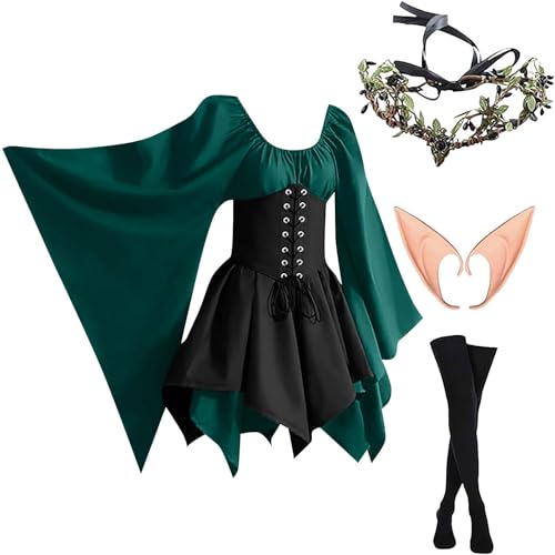 AHAKLO Halloween Kostüm Damen Fledermausärmel Gothic Kleid Vintage Mittelalter Kleidung Renaissance Dress Karneval Partykleid Viktorianisches Kleid Rave Outfit (Kopfschmuck, Elfenohren, Socken) von AHAKLO